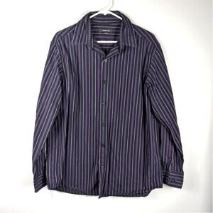 Claiborne Mens Large Button Down Shirt Purple Black Striped Cotton Long Sleeve